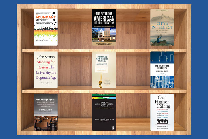 UCI Libraries bookshelf featuring Scholarly Values